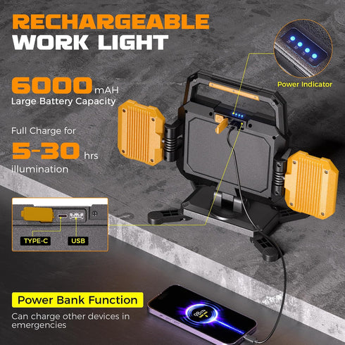 40W 4000LM 6 360Rotate YZONI Rechargeable Work Light, Magnetic LED Work Light with Modes, Battery Powered Portable