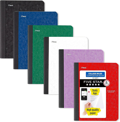 Five Star Composition Notebooks, 6 Pack, College Ruled, 9-3/4" x 7-1/2", 100 Sheets per Comp Book