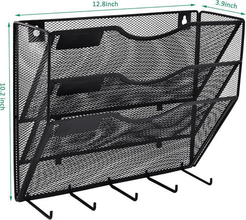 EASEPRES 3 Pocket Mesh Hanging File Organizer with Key Holder Hooks, Wall Mounted Mail Document Storage for Office
