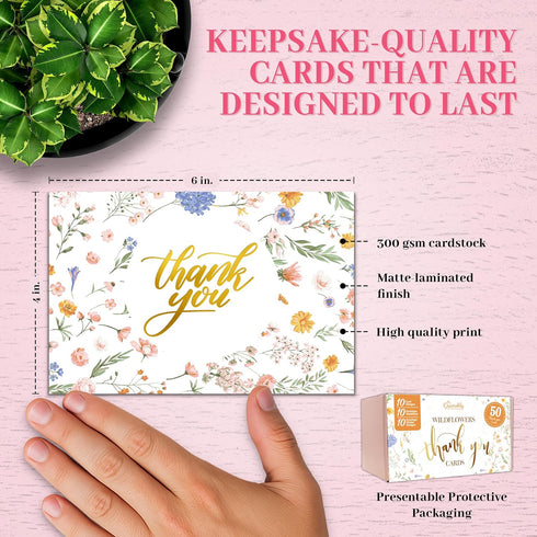 50 Pack 6x4in 10 Decorably Gold Foiled Wildflower Thank You Cards Wedding with Envelopes and Stickers, Folded