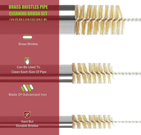 16 Inch Extra Long Pipe Cleaning Brush Set with Brass Bristles, 8 Piece Variety Pack for Auto Parts, Bottles, Guns,