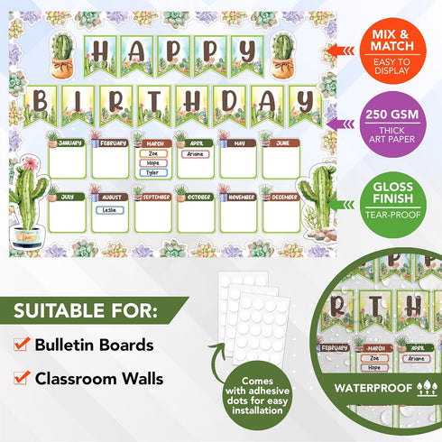 Decorably 77 Pcs Cactus Classroom Decor - Birthday Board Set for Classroom, Cactus Themed Decorations