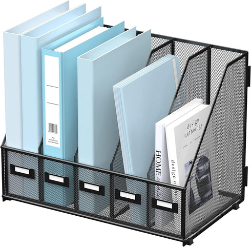 SUPEASY Metal Desk Magazine File Holder with 5 Vertical Compartments, Black Organizer for Office Desktop