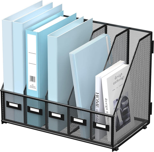 SUPEASY Metal Desk Magazine File Holder with 5 Vertical Compartments, Black Organizer for Office Desktop