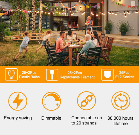 50 Bulbs 27 ST38 Bulbs (2 IP65 Dimmable 2700K ZOTOYI Outdoor String Lights FT, Patio with LED Plastic Edison Spare)