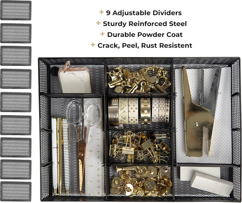 BLU MONACO Desk Drawer Organizer Tray, Up to 12 Adjustable Compartments with 9 Removable Dividers, Black Metal Mesh