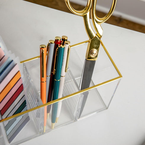 Martha Stewart Kerry Plastic 4 Compartment Pen Holder, Office Desktop Organizer with Gold Trim