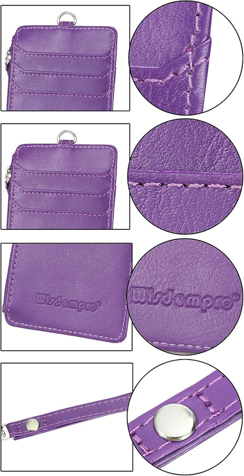 Wisdompro Badge Holder with Zip, 2-Sided Vertical PU Leather College ID Holder with Lanyard Strap - Purple