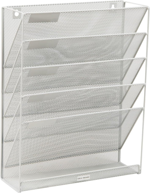 Mind Reader 5-Tier Vertical File Storage Desktop Organizer, Wall Mount, White Metal Mesh