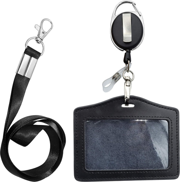 ID Card Case + Lanyard + Badge Holder, Retractable Reel Carabiner, Genuine Leather Horizontal Black
