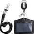ID Card Case + Lanyard + Badge Holder, Retractable Reel Carabiner, Genuine Leather Horizontal Black