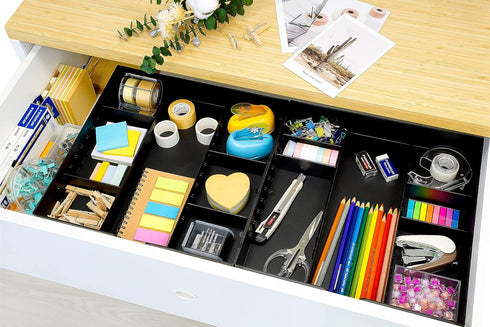 CAXXA 3 Slot Drawer Organizer - 7 Compartments Junk Drawer Storage for Makeup, Office Supplies, BLACK (2 pack)