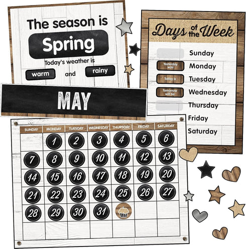 Schoolgirl Style Industrial Chic 95-Piece Calendar Bulletin Board Set, Rustic Farmhouse Monthly Calendar