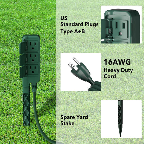 HBN Outdoor Power Stake with 6FT Extension Cord, 3 Grounded Outlets Power Strip for Garden Decoration
