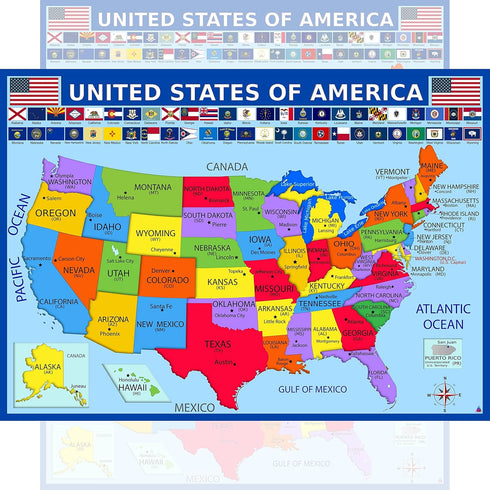 United States Map with State Flags Poster - Laminated 14x19.5 in. Educational USA Map for Kids, Classroom Decorations