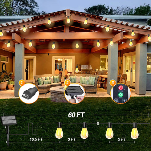 60FT 15+2 Bulbs BLIATLUS Solar String Lights Outdoor Waterproof with Remote Control Solar Patio Lights shatterproof LED