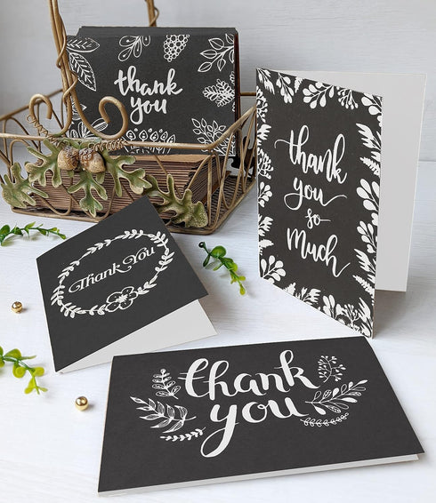 T&M Quality Designs LLC 120 6 4x6 Inch Elegant Black and White Chalkboard Kraft Thank You Cards with Kraft Envelopes