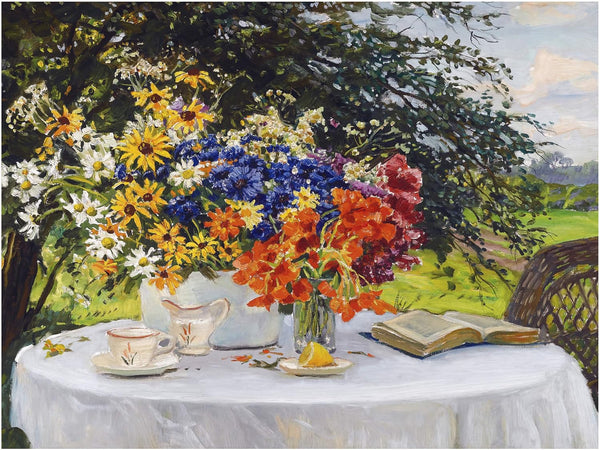 FlekmanArt Garden Rest by Constantin Westchiloff Flowers Table Book Lemon Cup Accent Tile