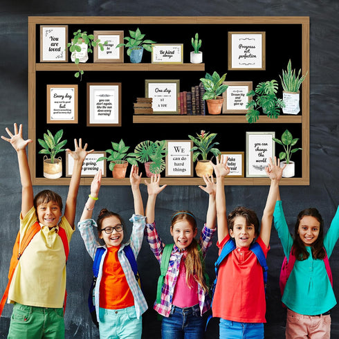 Set Bookshelf Bulletin Board Back to School Plant Motivational Classroom Decoration Reading Poster Potted Plant Back