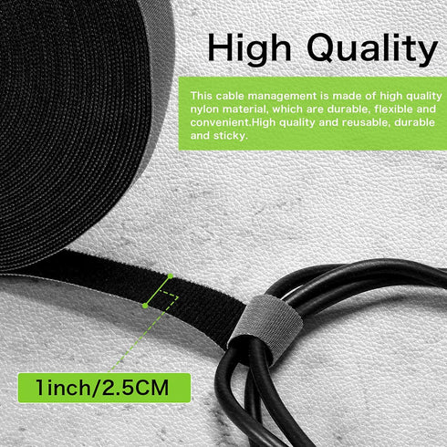 WILLBOND 1 Inch x 90ft Reusable Fastening Tape Cable Ties, Double Side Hook Roll, Black Nylon Straps for Wire Management