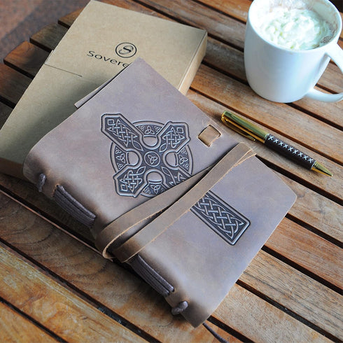 Leather Journal Embossed Cross Notebook, Handmade Travel Diary, A5 Vintage Writing Bound Journal for Men & Women,
