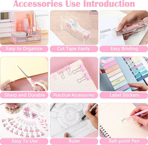 Pink Desk Organizers and Accessories, Pink Office Supplies with Mesh Desk Organizer, Acrylic Tape Dispenser, and
