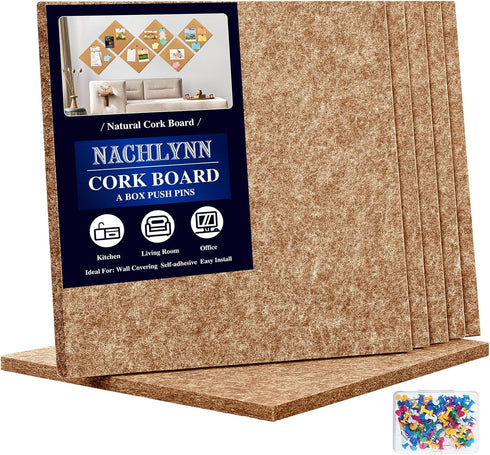 Felt Corkboards for Wall, 6 Pack 12 x 12-1/3" Brown Self-Adhesive Cork Board Tiles with 100 Push Pins