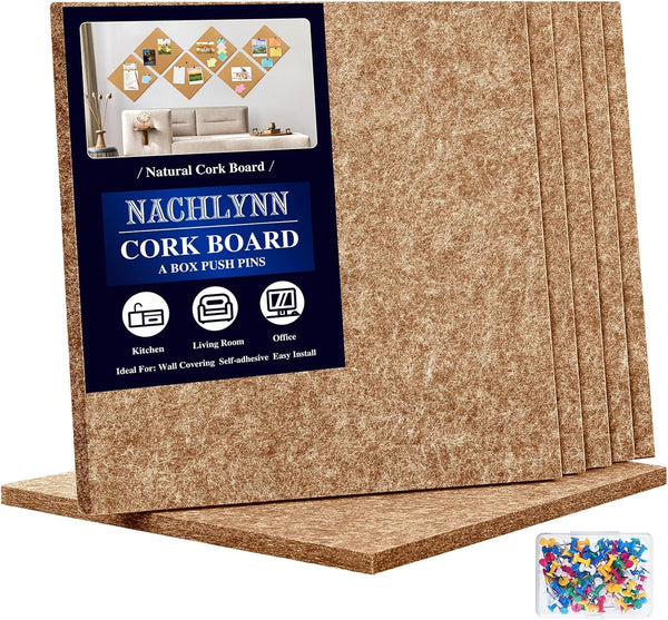 Felt Corkboards for Wall, 6 Pack 12 x 12-1/3" Brown Self-Adhesive Cork Board Tiles with 100 Push Pins