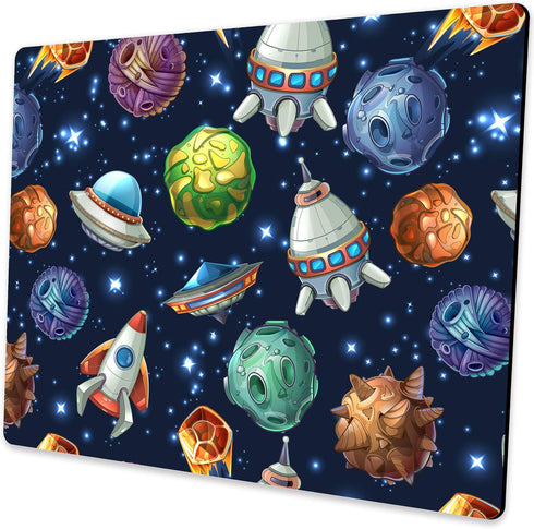 Kids Mouse Pad - Comic Space Design with Planets and Spaceships, Personalized Mouse Mat for Office