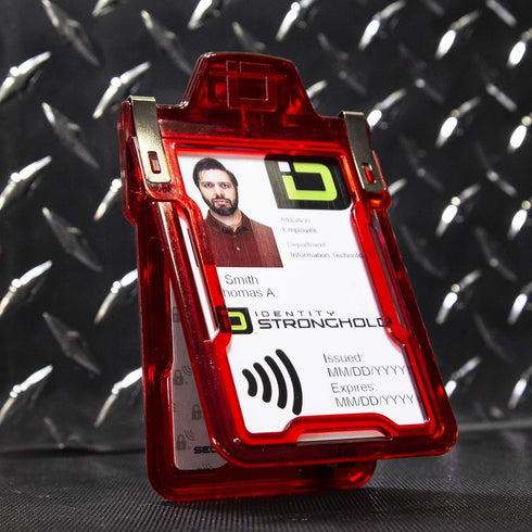 Identity Stronghold RFID Badge Holder for 1 Card, Heavy Duty Hard Plastic, FIPS 201 Approved Security - Red