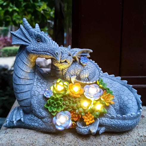RCTTICUU 6 Solar Dragon Garden Statues Outdoor Decor, Resin Dragon Figurine with Succulent and LED Lights Lawn Patio