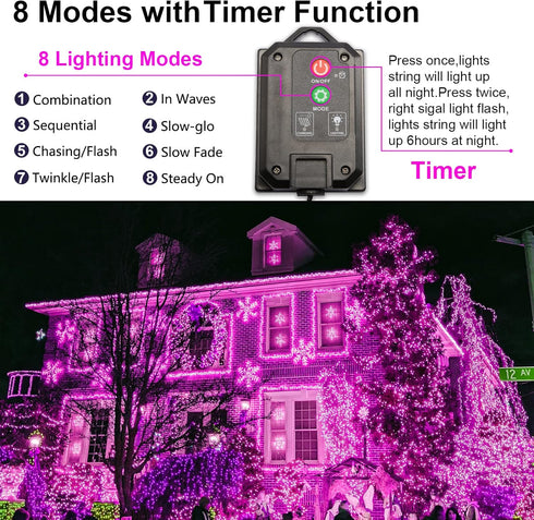 YAOZHOU 2 Pack 144ft 400LED 8 IP44 Valentines Day Solar Christmas String Lights Outdoor Pink Fairy Lights with Modes