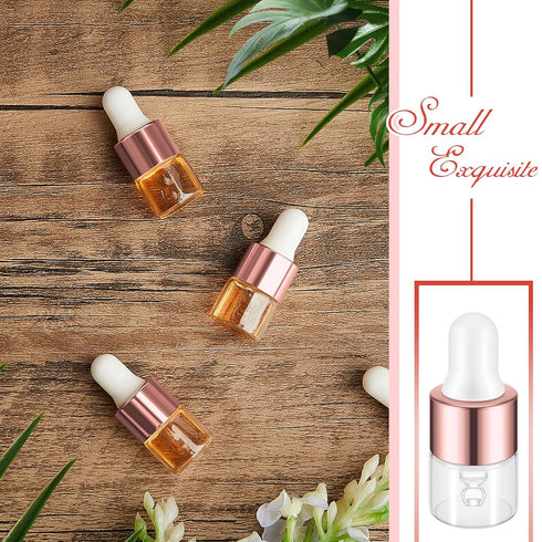 100 Pcs Mini Glass Dropper Bottles, Clear Essential Oil Sample Containers, 1 ml with Cap for Traveling (Rose Gold)
