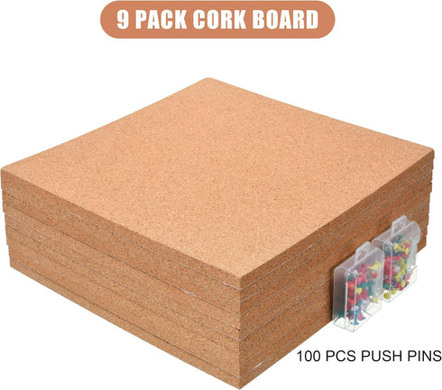 SUNGIFT Cork Board 12"x12" - 1/2" Thick Square Bulletin Boards, 9 Pack with 100 PCS Push Pins