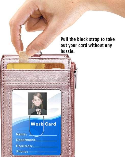 ELV Badge Holder with Zipper, PU Leather ID Card Holder Wallet with RFID Blocking Pocket and Lanyard (ROSE GOLD)