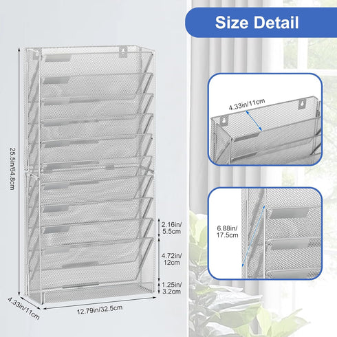 EasyPAG Mesh Wall File Holder, 11 Tier Office Hanging File Organizer, Silver Magazine Mails Rack for Papers and