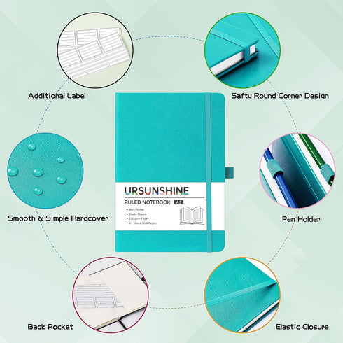 Classic Ruled Notebook/Journal - Hardcover Lined Journal/Notebook, 5.3" x 8.26", Thick Paper, Banded + Pen Holder +
