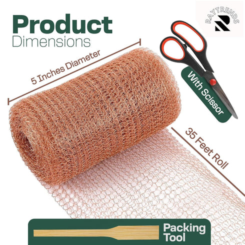 Copper Mesh Rodent Control Kit, 5 Inch x 35ft Rustproof Copper Wool Blend, DIY Hole Filler with Precision Scissors and