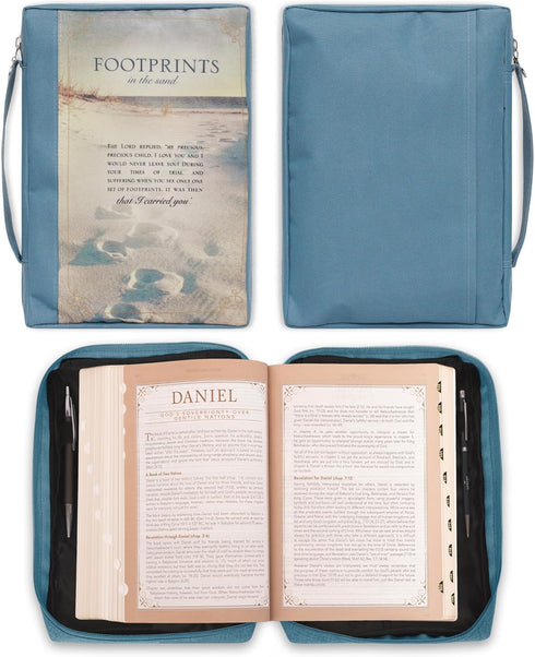 Christian Art Gifts Bible Cover, Men/Women's Footprints, Blue Poly Canvas, Medium