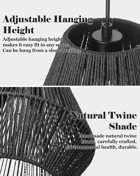 7" Woven Pendant Light Fixtures, ELYONA Farmhouse Coastal Hanging Lamp with Matte Black Handwoven Rattan Basket Shade
