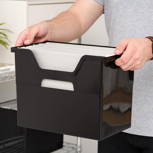 IRIS USA Large Portable Desktop File Box, 4 Pack with Open Lid, Side Handles for Letter Size, Black