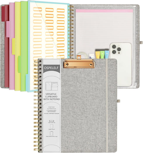 Ospelelf Foldable Spiral Clipboard Folio with Storage Zipper Pouch, 5 Plastic Folders, 10 Pockets, Project Organizer