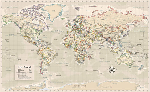 Laminated World Map Poster - Wall Chart Map of Earth, 18" x 29" (Tan)