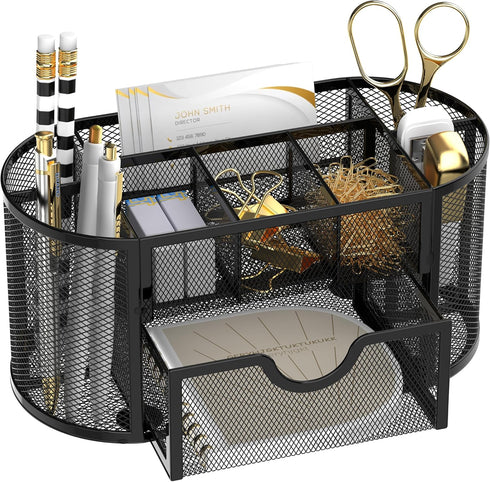 SUPEASY Black Mesh Desk Organizer, 9 Compartments with Drawers for Office Supplies, 8.6 x 4.3 x 4.1 Inch