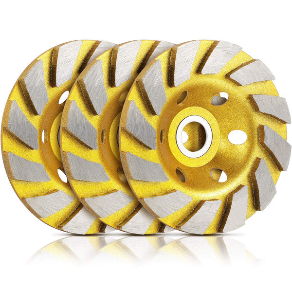 3 Pieces Turbo Row Diamond Grinding Cup Wheel for Concrete, Floors, Walls, Granite, Marble, Yellow