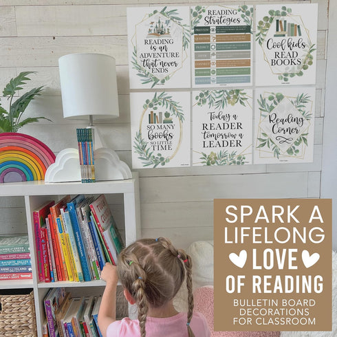 Hadley Designs Motivational Reading Posters for Classroom - 6 Reading Strategies Posters for School Library Decor