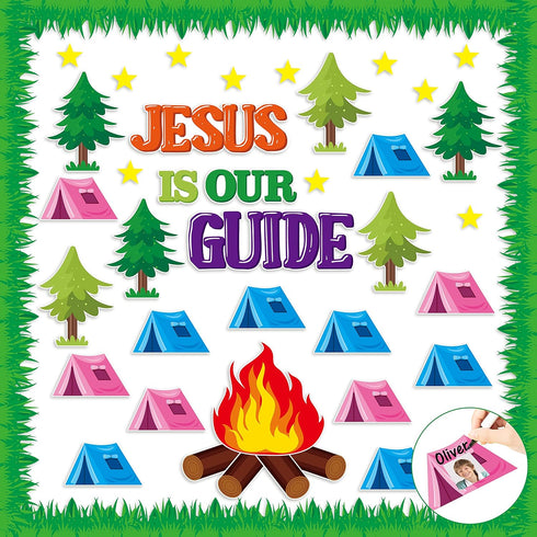 CY2SIDE 74PCS Jesus is Our Guide Cutouts - Bulletin Board Border Sets for Back to School Camping Theme