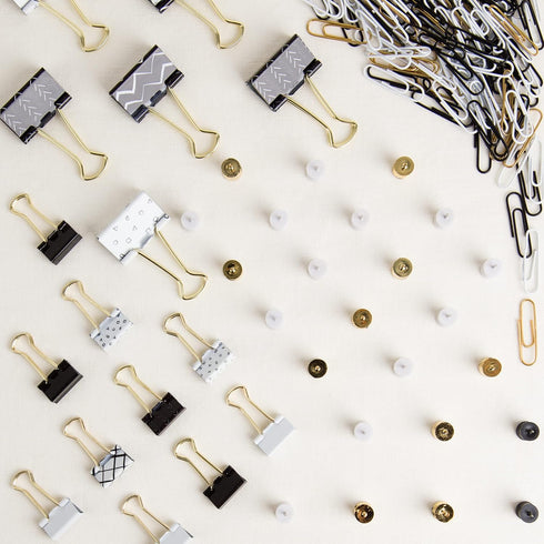 U Brands Office Accessory Kit, Black and White with Gold, 173 Count Paper and Binder Clips, Push Pins