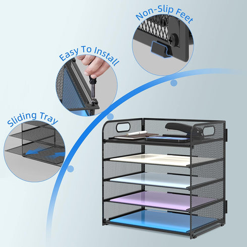 Supeasy 5 Trays Paper Organizer - Mesh Desk File/Letter Organizer, Black Paper Sorter for Office, Home, School
