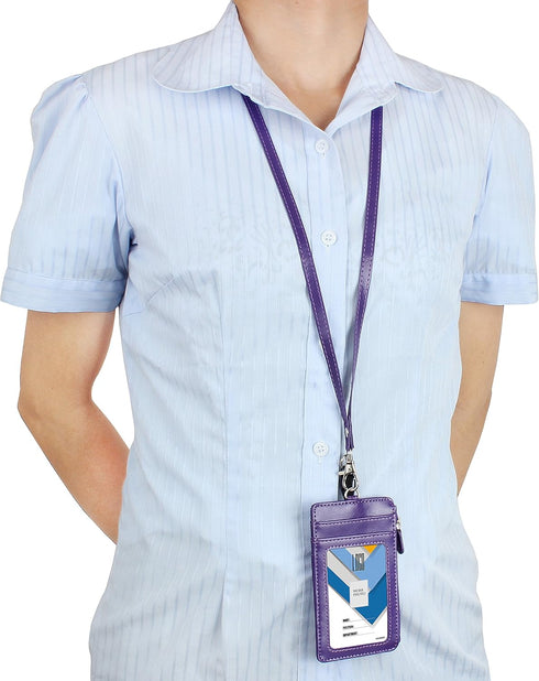 Wisdompro Badge Holder with Zip, 2-Sided Vertical PU Leather College ID Holder with Lanyard Strap - Purple